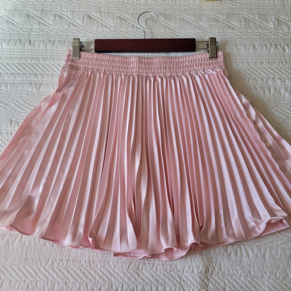 Endless Rose Pink Silky Satin Accordion Pleated Mini Skirt Elastic Waist Medium